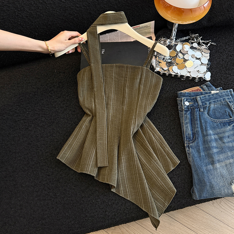 现夏季条纹亚麻高级吊带法式复古不规则吊带 服裝批發女裝批發服飾貨源