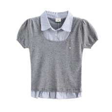 批发夏装新款学院风短款假两件针织U领<b class='q'>格子</b>泡泡袖<b class='q'>衬衫女</b>上衣