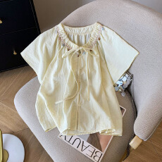 实拍小清新系带短袖衬衫女2025新款夏季法式甜美减龄宽松大码上衣