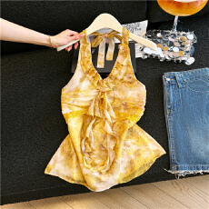 批发实拍现度假风木耳边挂脖无袖上衣<b class='q'>新款</b><b class='q'>雪纺衫</b>小衫纯欲吊带上衣