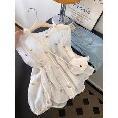 批发白色圆领系带刺绣长袖<b class='q'>衬衫</b>女士气质<b class='q'>上衣</b>小个子2026夏超火减龄<b class='q'>衬衣</b>