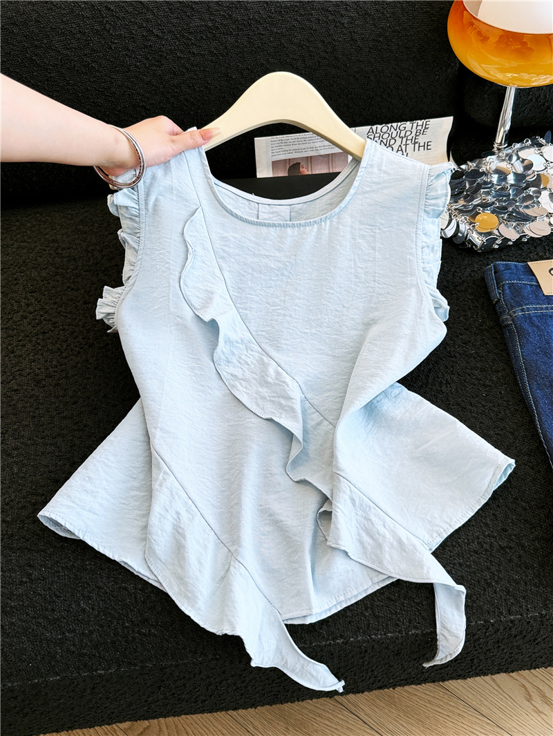 RY3924# 实拍现法式荷叶边不对称无袖衬衫女气质高级木耳边小众设计感上衣