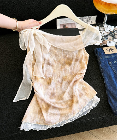 실사 지금 여름 부드러운 연령 감소 품격 고유 한 슈퍼 잘 생긴 다용도 레이스 조각 헤일로 염색 비스듬한 어깨 의류