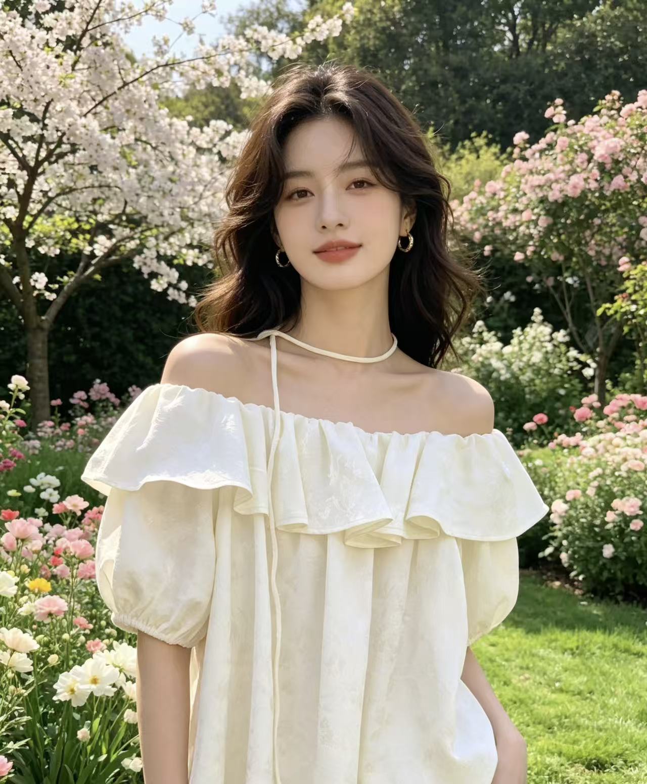 실사 지금 오프숄더 반팔 여성 여름 새로운 달콤함 다용도 프릴 맨위