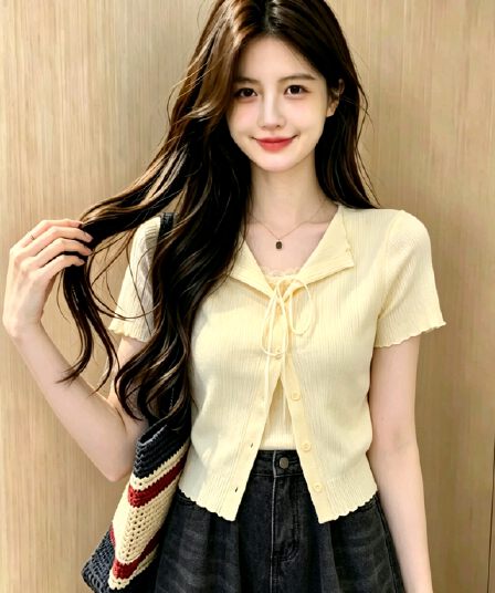 2026 여름 티셔츠 라운드 넥 레이스 측면 나비 매듭 페이크 레이어드 순면 디자인 센스 외국 가스 반팔 여성