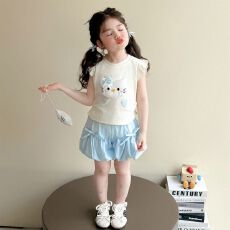 批发甜美可爱女宝宝中小童夏季两件套装2026新款小飞袖卡通上衣短裤裙