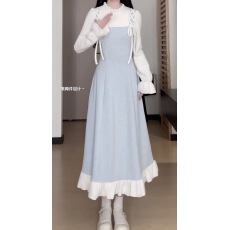 批发2025春<b class='q'>秋</b>新款法式绝美气质假两件木耳边连衣裙女装显瘦收腰长裙子
