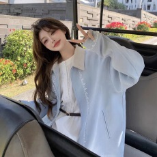 批发高级感蓝色麂皮绒外套女春<b class='q'>秋</b>新款韩系超好看小个子洋气减龄上衣潮