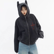 批发美式<b class='q'>街头</b>春秋冬新款十字刺绣连帽卫衣拉链外套宽松设计情感侣上衣