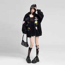 批发美式日系宽松拉链开衫外套女春秋季新款甜酷卫衣百搭学院风上衣潮