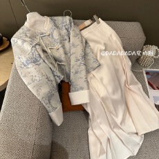 批发新中式超仙水墨<b class='q'>印花</b>时尚休闲气质高级简约显瘦外套+半身裙两件套