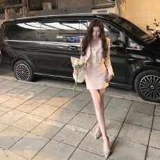 批发名媛小香风套装女韩版粗花呢短款粉色西装外套女+高腰<b class='q'>修身</b>半身裙