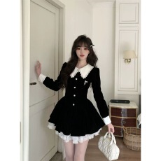 批发古早<b class='q'>蔷薇</b> 法式黑色丝绒连衣裙女春秋富家千<b class='q'>金</b>蕾丝拼接小黑裙ins