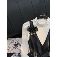 欧货高级镶钻花朵拼接设计假两件加厚长袖T恤女2025秋冬新款上衣