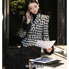 批发2025<b class='q'>秋</b>冬网红新款格子毛呢外套女高级感复古绿色收腰显瘦职业西装