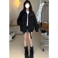 批发ins高级感复古翻领外套男女情侣装<b class='q'>秋</b>季美式机车服廓形风衣夹克潮