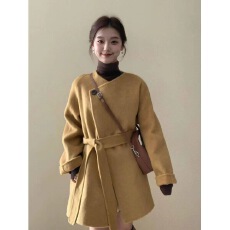 批发<b class='q'>秋</b>冬装2025新款高级感穿搭显高呢子大衣系带收腰毛呢外套女中长款