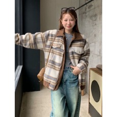 批发美式毛呢格子外套女2025春秋新款宽松情侣休闲百搭夹克高级感上衣