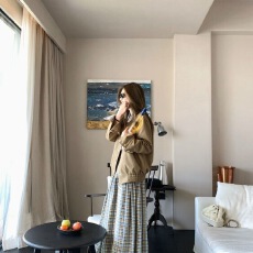 批发复古拼接格纹夹克外套<b class='q'>秋</b>季卡其色新款2025设计小个子百搭宽松上衣