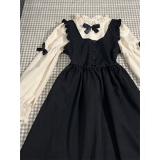 批发新中式<b class='q'>胖</b><b class='q'>mm</b><b class='q'>连衣裙</b>拼接甜美蝴蝶结假两件裙子女超仙减龄黑色中长裙