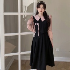 批发大码法式甜美娃娃领连衣裙女春秋季<b class='q'>胖</b><b class='q'>mm</b><b class='q'>假两件</b>拼接显瘦打底长裙
