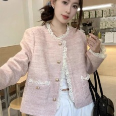 批发水貂绒小香风<b class='q'>蕾丝</b>边粉短外套女秋冬加厚保暖上衣小个子短款开衫女