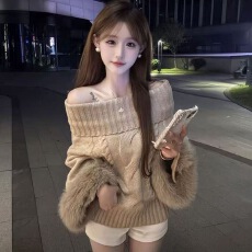 批发网红同款韩版袖口毛毛高领麻花套头针织上衣一字肩毛衣