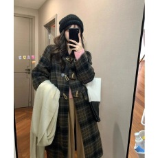 批发特价格纹毛呢外套女2025年冬季新款格子呢子大衣小个子中长款加厚