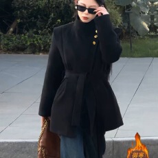 批发大码胖mm韩系高级感收腰绑带毛呢外套女2025冬季新款黑色时尚大衣