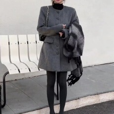 批发韩版气质收腰单排扣夹棉毛呢外套冬季新款设计感显瘦加厚保暖上衣