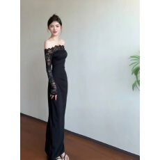 批发纯欲蕾丝拼接褶皱一字肩黑色礼服<b class='q'>裙</b>女秋冬季新款<b class='q'>修身</b>长袖包臀长<b class='q'>裙</b>