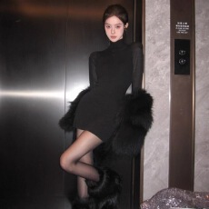 批发黑色高领打底针织连衣裙女秋冬季配大衣修身内搭毛衣裙辣妹短<b class='q'>裙子</b>