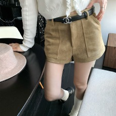 批发秋季时尚显瘦高级感高腰百搭短裤韩系辣妹卡其色鹿皮绒直筒休闲裤