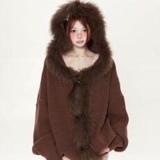 批发和言慵懒风大毛领宽松连帽斗篷毛衣棕色外套女秋冬针织披肩开衫潮