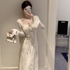 批发<b class='q'>蝴蝶结</b>提花方领喇叭袖<b class='q'>连衣裙</b>女装秋冬收腰显瘦新中式温柔中长裙子