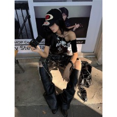 批发美式<b class='q'>街头</b>风斜肩短袖T恤女夏季设计绑带辣妹短款露肩百搭显瘦上衣