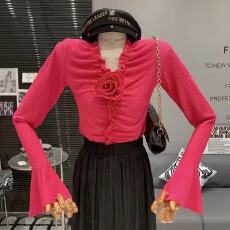 轻熟风V领长袖褶皱打底衫韩版花朵喇叭袖洋气别致修身百搭上衣女