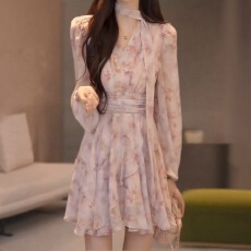 批发韩版甜美风高级时尚百搭小众收腰显瘦甜美飘带V领<b class='q'>春秋</b>连衣裙