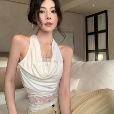 批发蕾丝拼接荡领挂脖背心女夏季纯欲风性感辣妹内搭外穿白色修身上衣