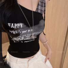 批发美式格纹拼接绑带斜肩短袖T恤女夏季字母印花修身辣妹黑色上衣