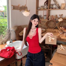 批发红色格子吊带背心女夏季修身内搭无袖辣妹外穿显瘦短款上衣