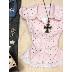 批发粉色波点蕾丝边收腰衬衫蕾丝花边翻领泡泡袖上衣 甜辣风显瘦衬衣