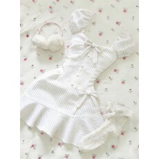 批发风琴少女 古着A字短裙小众设计感白色条纹方领收腰连衣裙小清新女