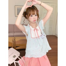 批发日系软妹风爱心小飞袖上衣粉蓝撞色学院风薄款遮肉显瘦可爱小个子