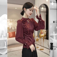 批发2026早秋季新款<b class='q'>衬衫</b>轻奢高级感穿搭时尚酒红色<b class='q'>长袖</b><b class='q'>衬衫</b>上衣女