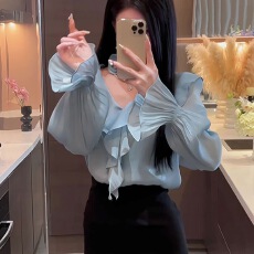 批发法式荷叶边v领<b class='q'>长袖</b><b class='q'>衬衫</b>女2026夏季新款显瘦雪纺衫喇叭袖上衣