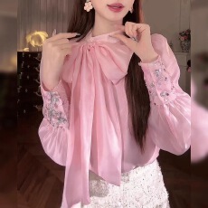 批发温柔风粉色蝴蝶结系带<b class='q'>长袖</b><b class='q'>衬衫</b>女2026秋季新款设计感小众显瘦上衣
