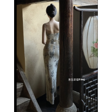 批发新中式复古水墨画<b class='q'>丝绒</b><b class='q'>连衣裙</b>夏季气质方领长裙防晒开衫高级感套装