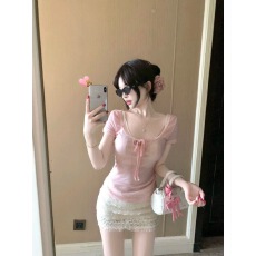 批发甜辣纯欲风系带U领短袖修身T恤女夏季高腰<b class='q'>蕾丝</b>包臀半身<b class='q'>短裙</b>两件套