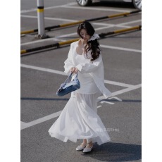 批发韩系慵懒清冷感网纱拼接修身吊带<b class='q'>连衣裙</b>女叠穿防晒长袖<b class='q'>衬衫</b>两件套